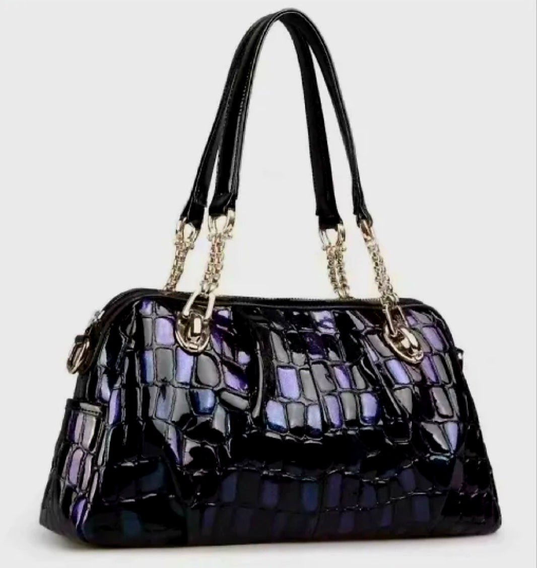 Iridescent patent leather bag