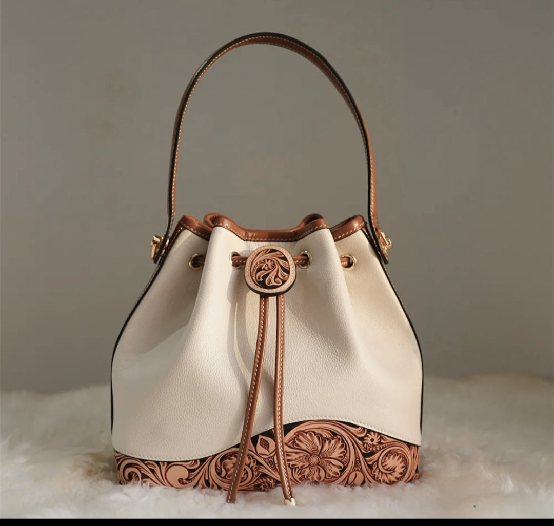 Hand-tooled bohemian draw string bag
